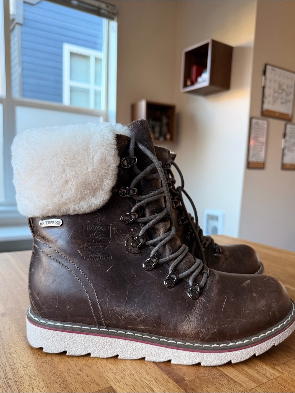 Women's Brown Waterproof Lace-Up Winter Boots with Shearling Cuff